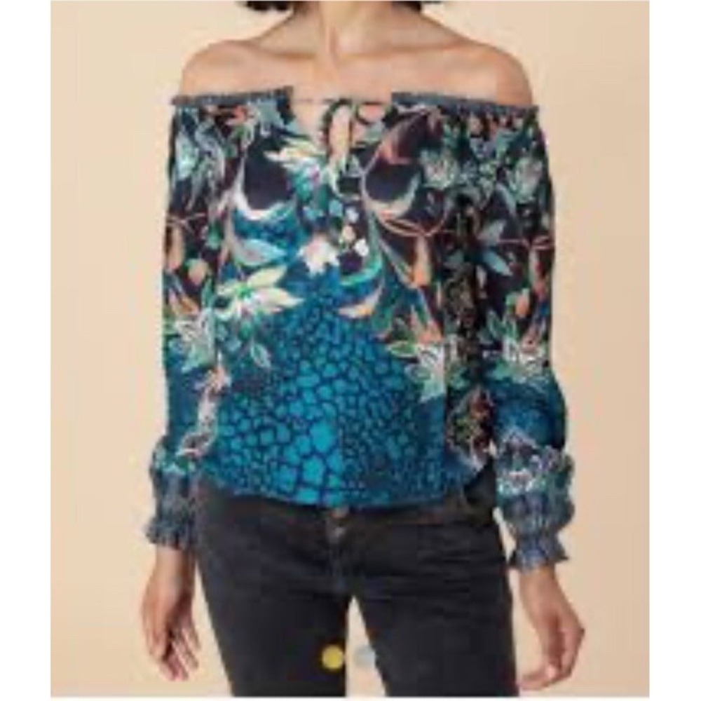 Hale Bob Silk Blend Off Shoulder Long Sleeve Top Western Boho S Floral Tassel